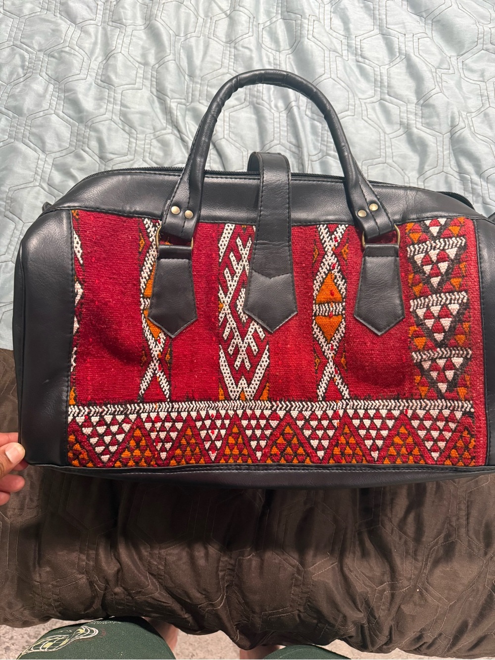 Vintage Kilim Duffle Bag Weekender Leather Travel Large